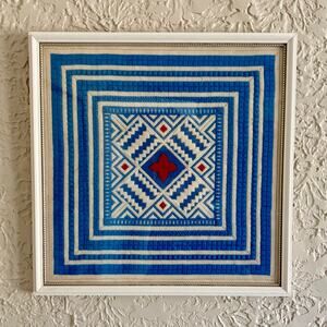 Vintage Crewel Embroidery Barn Star Quilt Pattern Framed Needlework Art